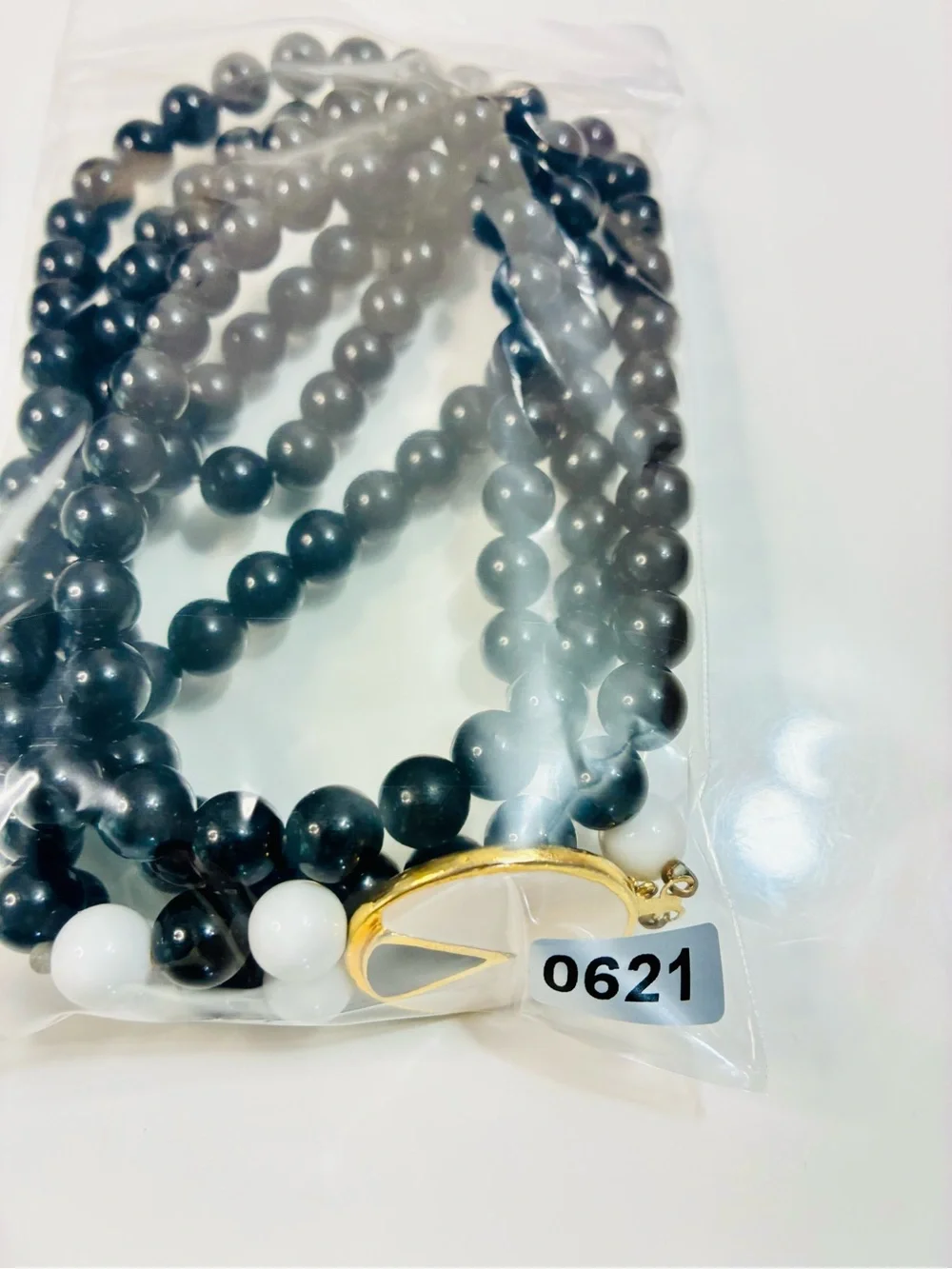 VTG 80s Black and White Beaded Layered Necklace with Gold Enamel Security Clasp